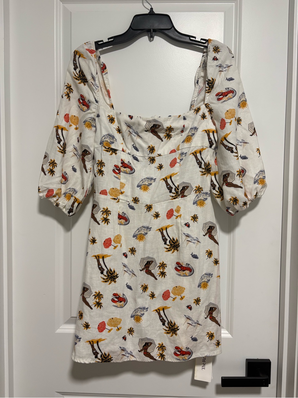 Reformation White Tropical Print Puff-Sleeve Mini Dress
